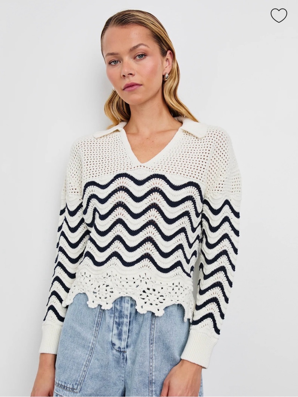Rails White and Black Open-Knit V-Neck Sweater